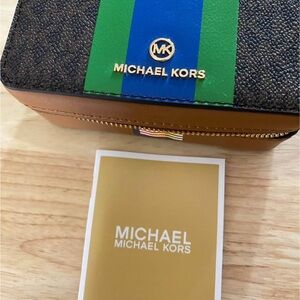 Michael Kors Black and Green Stripes Travel Jewellery Case
